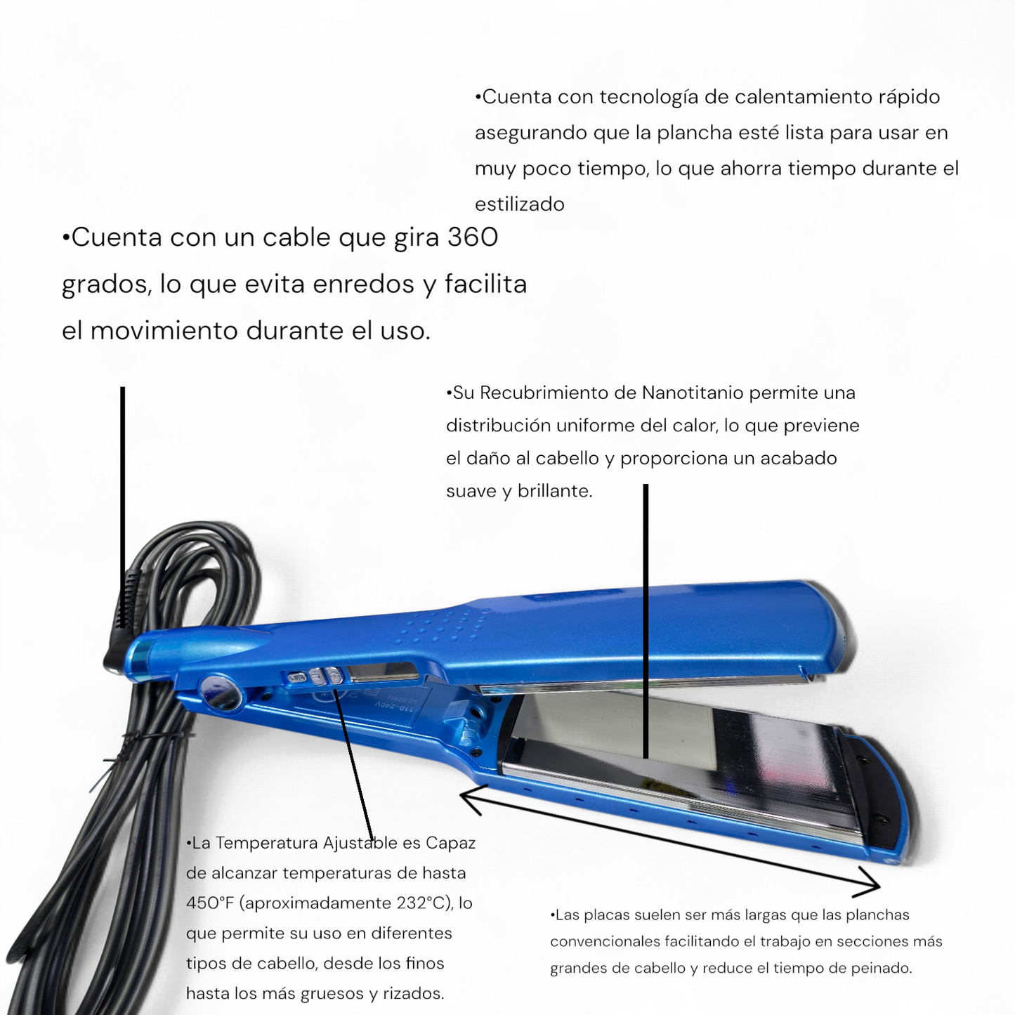 Plancha para el cabello nanotitanium 450°F